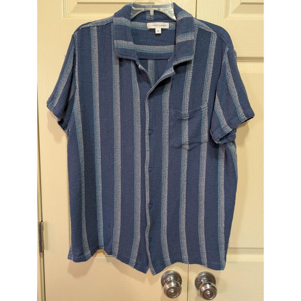 Vintage Summer Mens XL Blue Striped Short Sleeve Button Down Shirt Waffle Weave